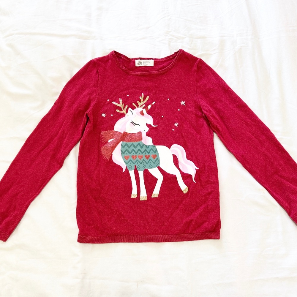 H&M Girls Red Sweater Shirt Top Holiday/Winter Unicorn Size 8/10 EUC